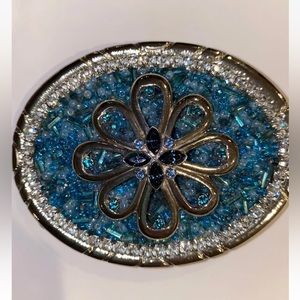 Bejeweled Western Blue & Diamond Woman Silver Belt Buckle W Stoned Broach.